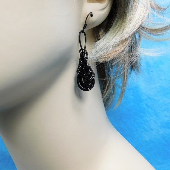 Woven Wire Wrapped Black Earrings, Handmade Artistic Jewelry, Wearable Art Birthday Present or Anniversary Gift for Wife or Girlfriend