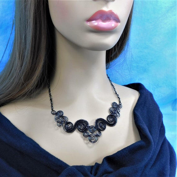 Black Scroll Work Statement Necklace, Elegant Wire Sculpted Jewelry, Wearable Art Birthday Present for Girlfriend or Anniversary for Wife