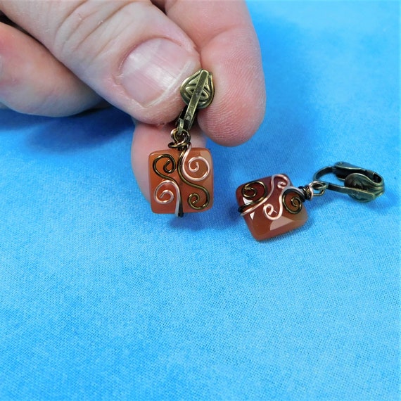 Copper Wire Wrapped Clip On Carnelian Earrings, Non pierced Gemstone Dangles, Wearable Art Jewelry Birthday Present or Anniversary Gift