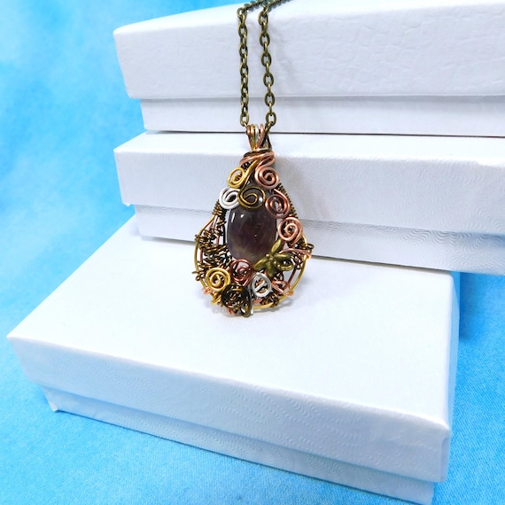 Wire Wrapped Amethyst Pendant, Artisan Crafted Dragonfly Jewelry, Artistic February Birthstone Necklace Birthday Present or Sympathy Gift