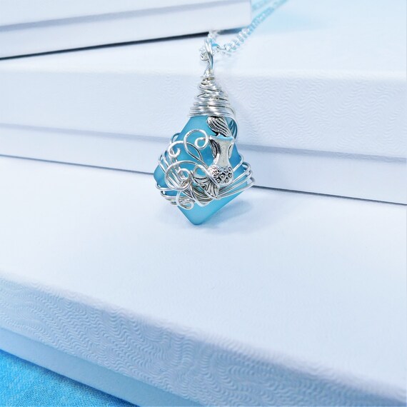 Wire Wrapped Ocean Pendant Birthday Present for Mom or Wife or Best Friend Gift for Her Mermaid Necklace Beach Theme Blue Sea Glass Jewelry