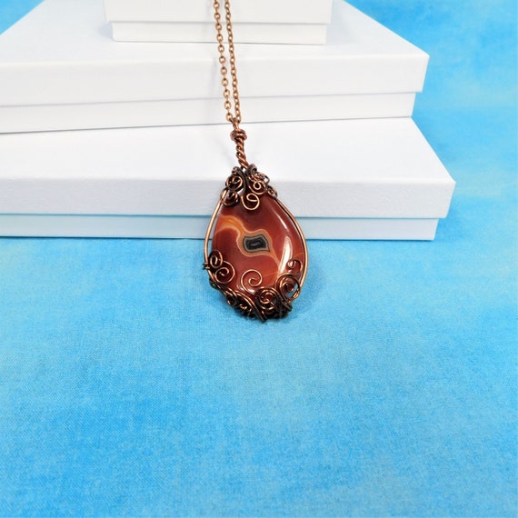 Hand Sculpted Copper Wire and Agate Pendant, Artistic Wire Wrapped Gemstone Necklace, Rustic Bohemian Jewelry Handmade Gift for Wife or Mom