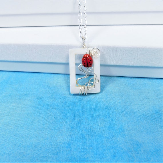 Wire Wrapped Mother of Pearl Ladybug Necklace, Artistic Insect Theme Jewelry, Fun Ladybug Good Luck Pendant for Women