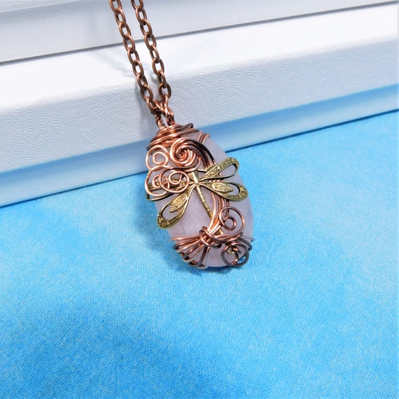 Wire Wrapped Rose Quartz Necklace, Gemstone Pendant for Sympathy Gift, Artistic Dragonfly Wearable Art Memorial Jewelry Bereavement Present