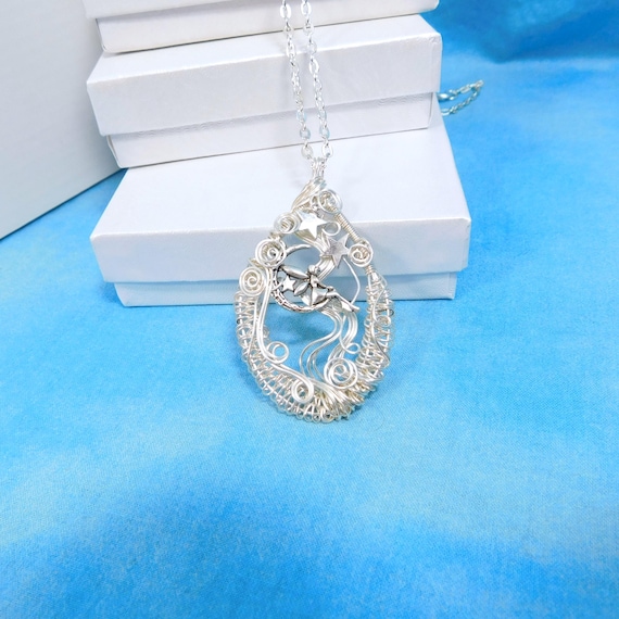 Fantasy Jewelry Fairy Necklace, Artisan Crafted Woven Wire Wrapped Fairy Moon Pendant Lunar Jewelry, Wearable Art Gift for Daughter, Mom