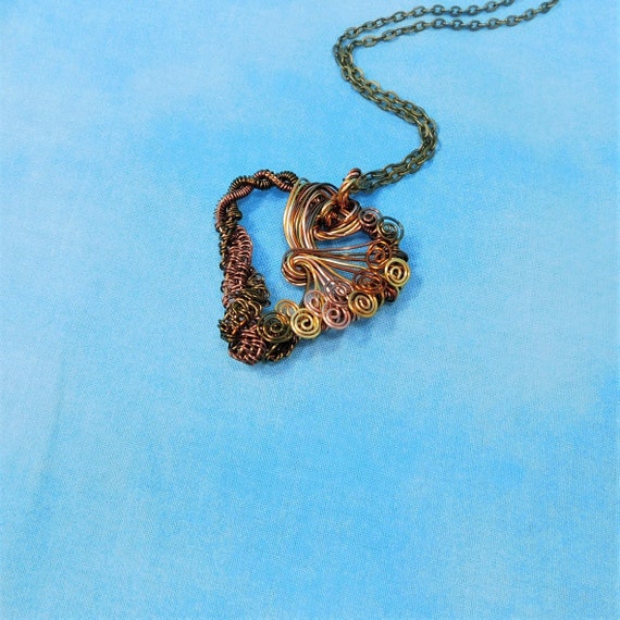 Rustic Copper Heart Necklace, Unique Woven Wire Wrapped Copper Heart Pendant, Handcrafted Wearable Art Jewelry 7th Anniversary Gift for Wife