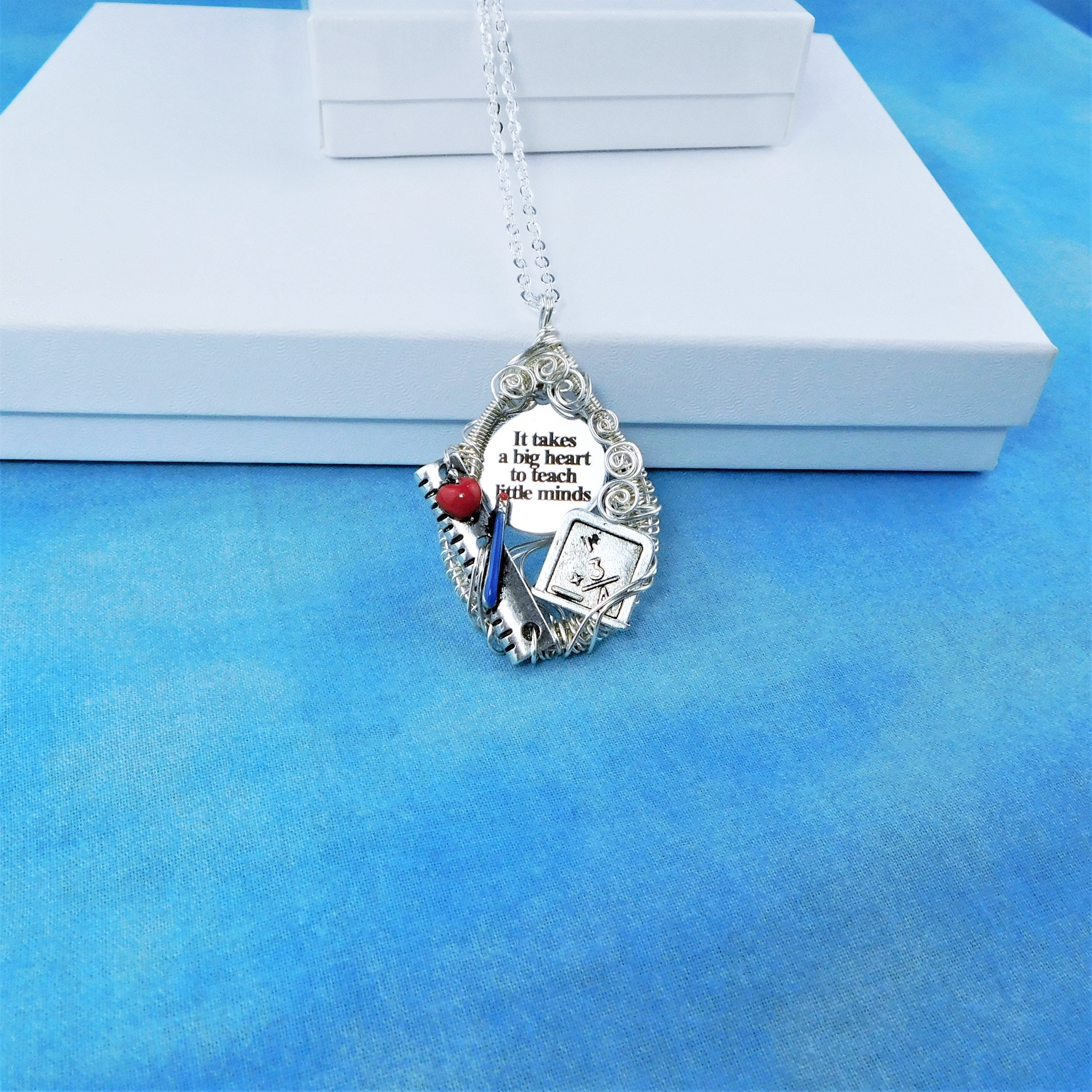 Teacher Retirement Gift Necklace School Theme Pendant, Wire Wrapped