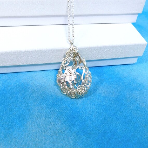 Piano Pendant Musical Theme Music Teacher Necklace, Unique Woven Wire Wrapped Musician Jewelry, Artisan Crafted Handmade Wearable Art Gift