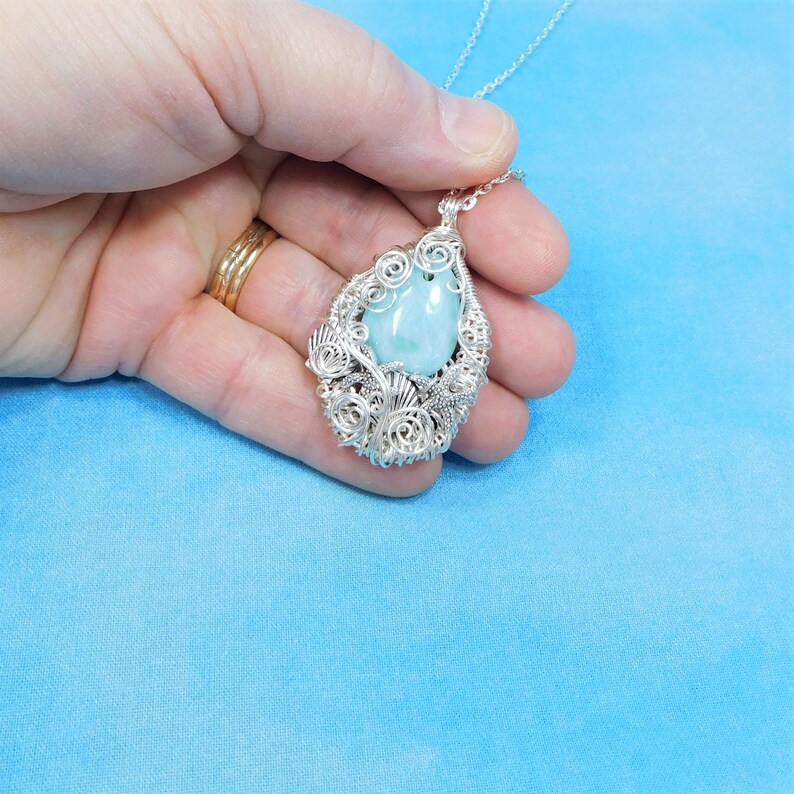 Woven Wire Wrapped Larimar Pendant Gemstone Necklace with Etsy