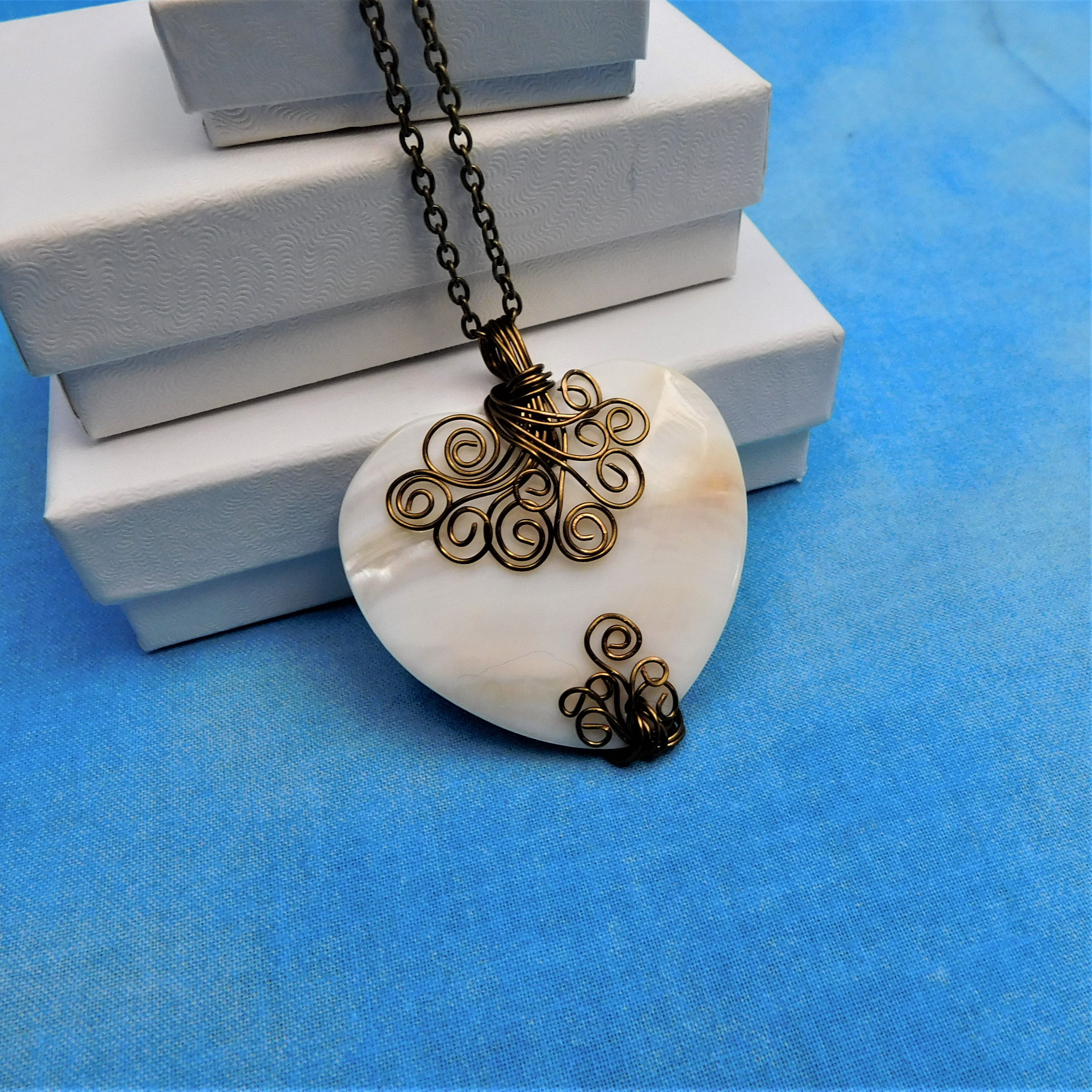 Large Heart Necklace, Unique Wire Wrapped Mother of Pearl Heart Pendant