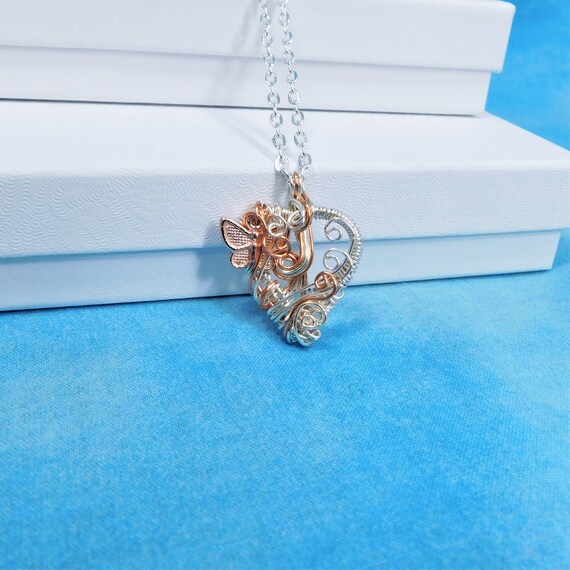 Artisan Crafted Rose Gold Heart Necklace, Unique Wire Wrapped Butterfly Pendant, Artistic Handmade Memorial Jewelry Bereavement Present