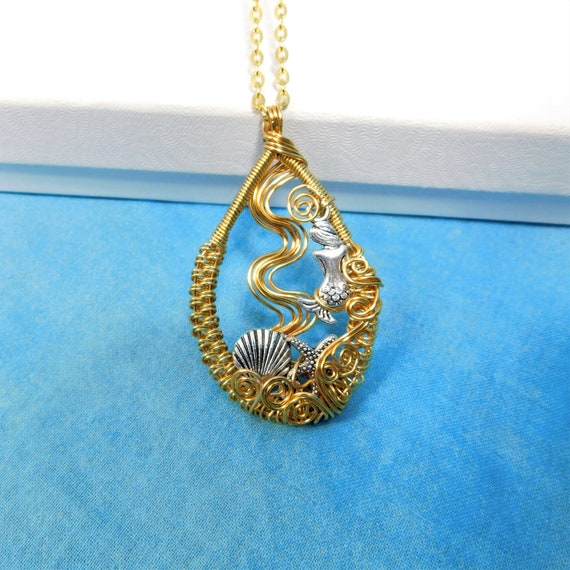 Artistic Mermaid Necklace Beach Theme Fantasy Jewelry, Woven Wire Nautical Ocean Pendant, Unique Wire Wrapped Wearable Art Gift for Daughter
