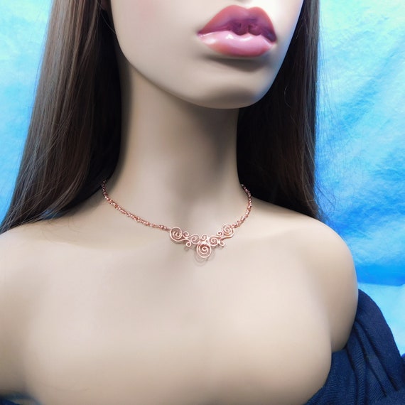 Sculpted Wire Scroll Work Necklace in Bright Copper / Rose Gold 7th Anniversary Gift for Wife or Girlfriend, Unique Artisan Jewelry for Her