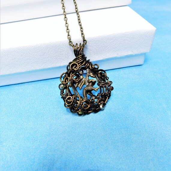 Unique Dragon Theme Jewelry, Rustic Copper Wire Wrapped Fantasy Necklace, Artistic Handmade Pendant, One of a Kind Wearable Art Jewelry