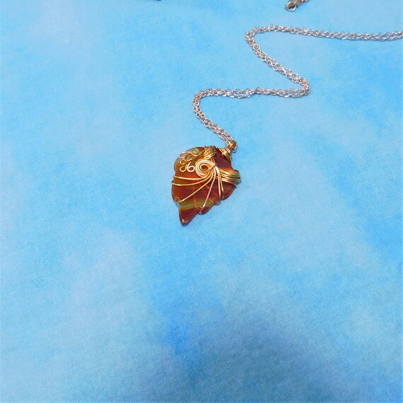 Artistic Wire Wrapped Carnelian Necklace, Artisan Crafted Carved Gemstone Leaf Pendant, Wearable Art Jewelry Present for 17th Anniversary