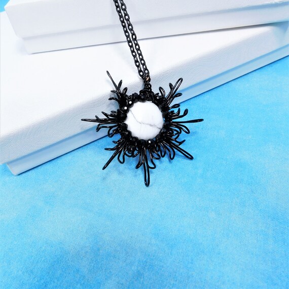 White Howlite Necklace, Artisan Crafted Black Wire Flower with Gemstone Statement Jewelry, Wire Wrapped Artistic Handmade Pendant for Women