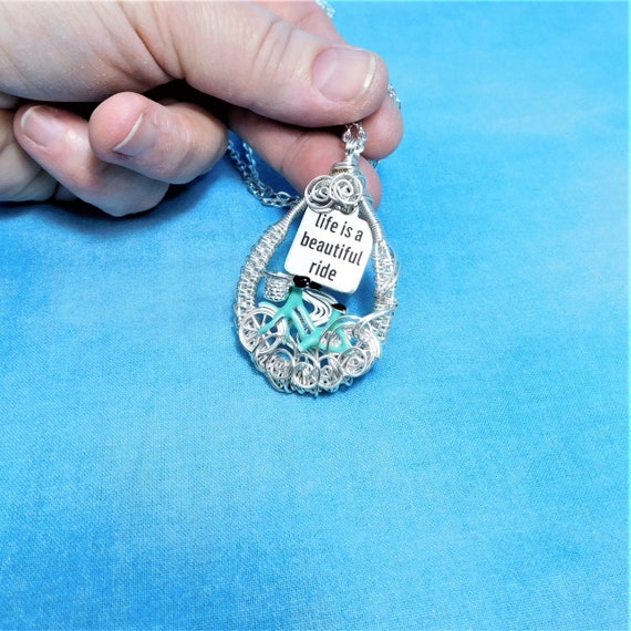 Unique Cyclist Necklace Bicycle Jewelry, Artistic Woven Wire Wrapped Life is a Beautiful Ride Pendant Birthday Present or Anniversary Gift