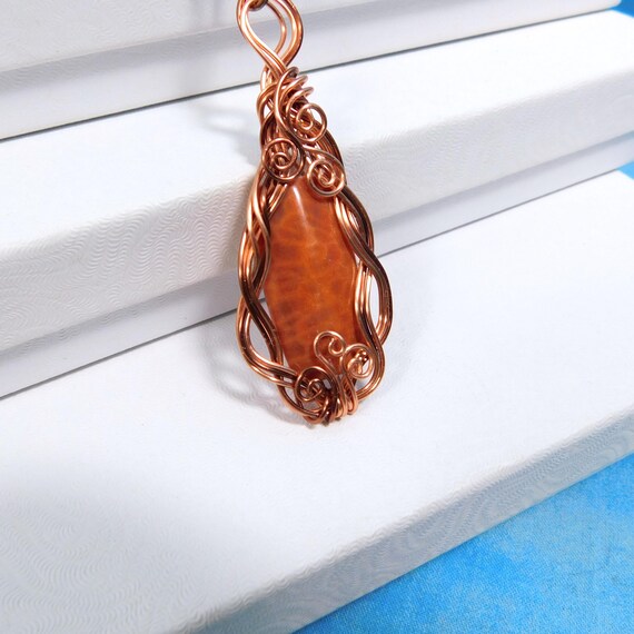 Copper Wire Wrapped Orange Dragon scale Fire Agate Pendant, Unique Wrapped Stone Necklace, Handmade Wearable Art Jewelry Christmas Present