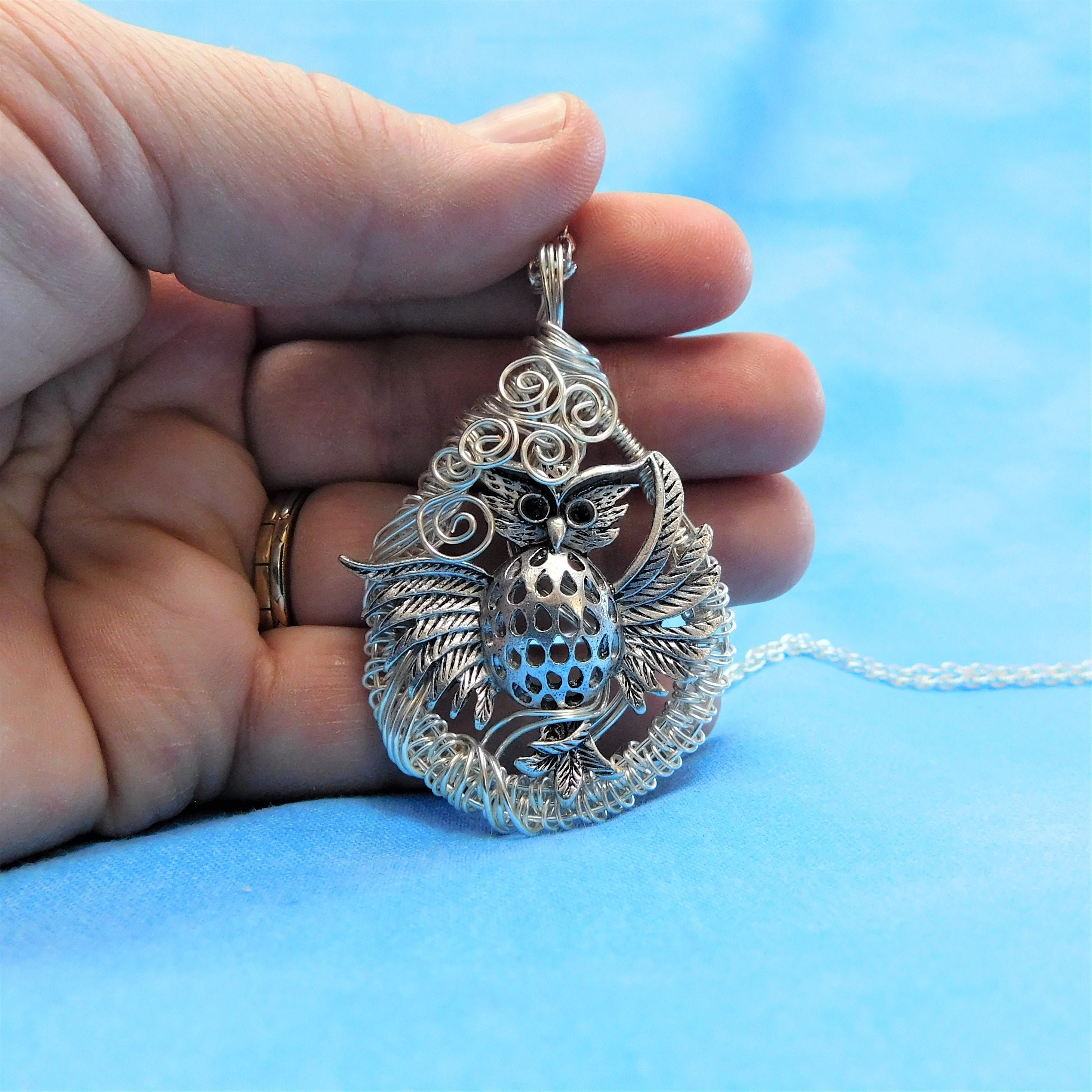 Artistic Woven Wire Wrapped Owl Necklace, Artisan Crafted Handmade