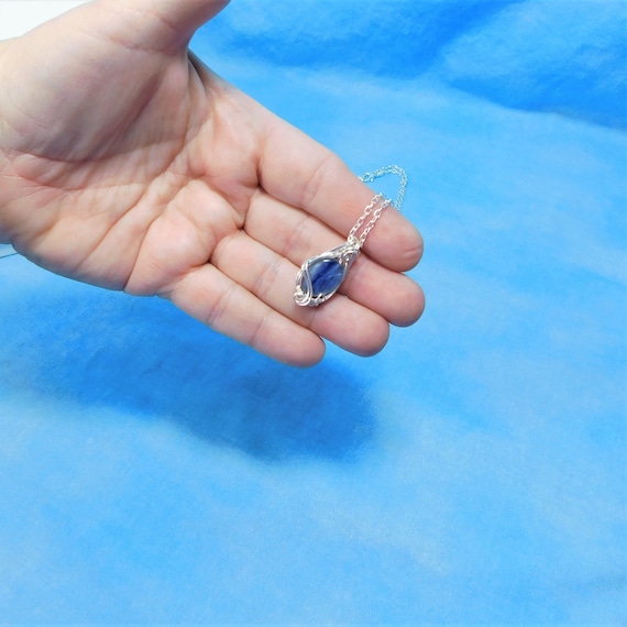 Unique Wire Wrapped Kyanite Pendant, Artisan Crafted Wearable Art Gemstone Jewelry, Blue Kyanite Necklace Birthday Present for Wife or Mom