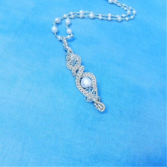 Handcrafted Woven Wire Wrapped Pearl Necklace, Genuine Freshwater Pearl Pendant June Birthstone Gemstone Jewelry for Anniversary Gift