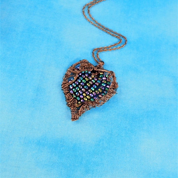 Artistic Hematite Necklace, Woven Wire Wrapped Beaded Copper Heart Pendant, Wearable Art Jewelry Unique 7th Anniversary Present for Wife