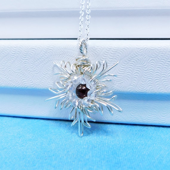 Sculpted Wire Flower Necklace, Artistic Star Jewelry, Simple Wearable Art Garnet Pendant, Artistic Snowflake January Birthstone Necklace