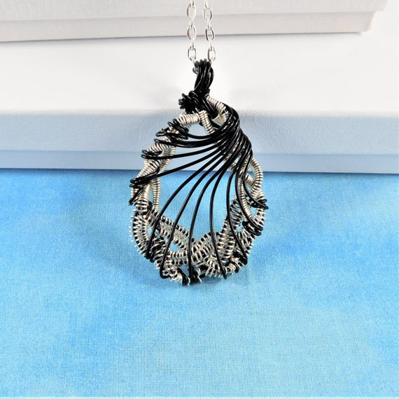 Artistic Woven Wire Statement Pendant Necklace, Unique Wire Wrapped Black and Silver Wire Pendant, One of a Kind Wearable Art Jewelry Gift