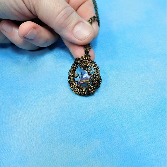 Crystal Heart Necklace, Unique Artisan Crafted Woven Wire Wrapped Jewelry, Artistic Copper & Crystal Pendant Wearable Art Jewelry