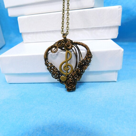 Woven Wire Heart Treble Clef Necklace Musical Theme Pendant Present for Musician, Artistic Music Lover Gift, Wearable Art Music Jewelry