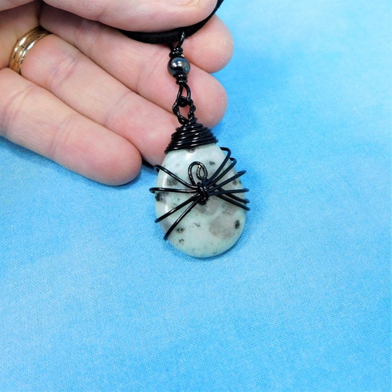 Black Wire Wrapped Sesame Seed Jasper Necklace,  Artisan Crafted Gemstone Unisex Pendant, Artistic Handmade Stone Jewelry for Men or Women