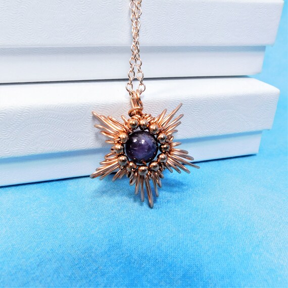 Amethyst February Birthstone Necklace, Artistic Flower Jewelry, Simple Wearable Art Gemstone Pendant, One of a Kind Copper Wire Jewelry