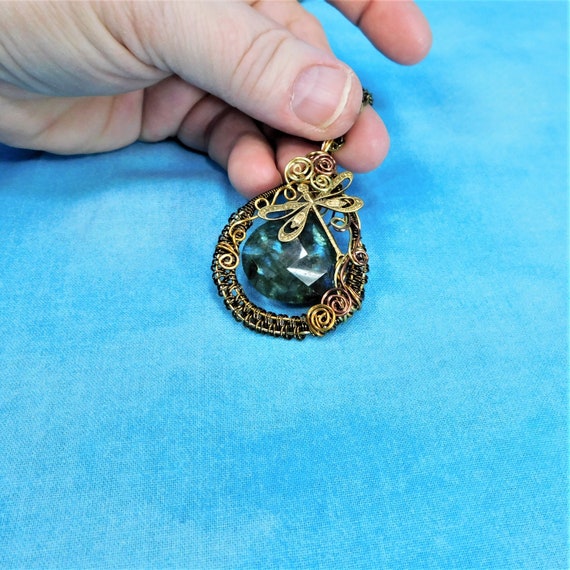 Woven Wire Wrapped Copper Labradorite Necklace Gemstone Pendant, Wearable Art Dragonfly Theme Jewelry Bereavement Present Sympathy Gift