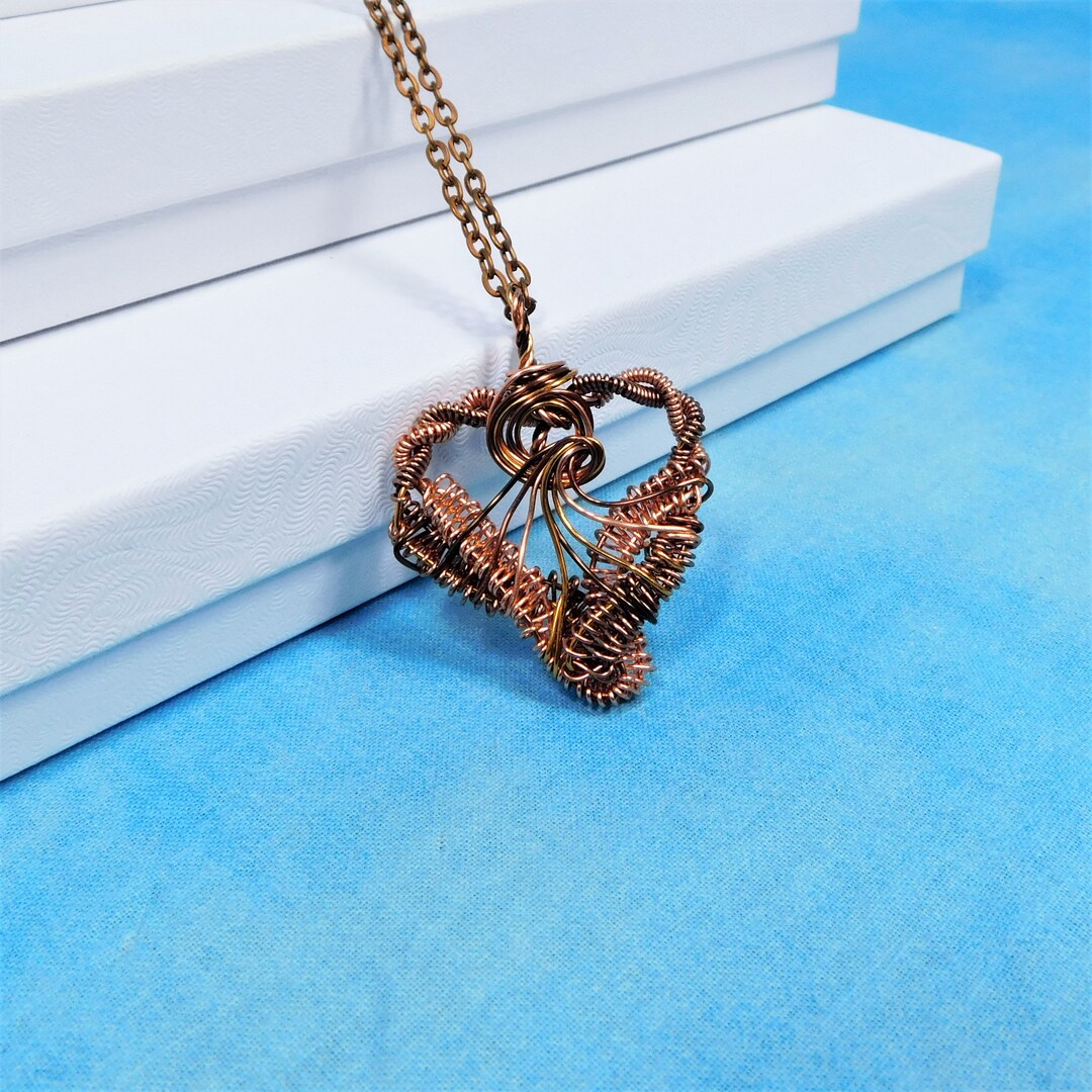 Rustic Heart Necklace, Woven Copper Wire Pendant, Artisan Crafted