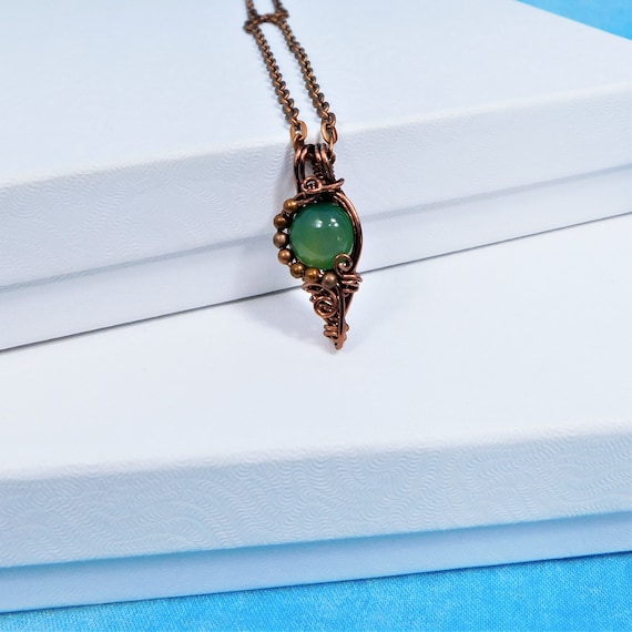 Wire Wrapped Green Jade Pendant, Woven Copper Gemstone Necklace, Unique Wearable Art 35th Anniversary Gift or Birthday Present for Wife