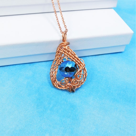 Blue Faceted Crystal Necklace, Woven Wire Wrapped Pendant Wearable Art Present Jewelry for Women, Birthday Present for Girlfriend