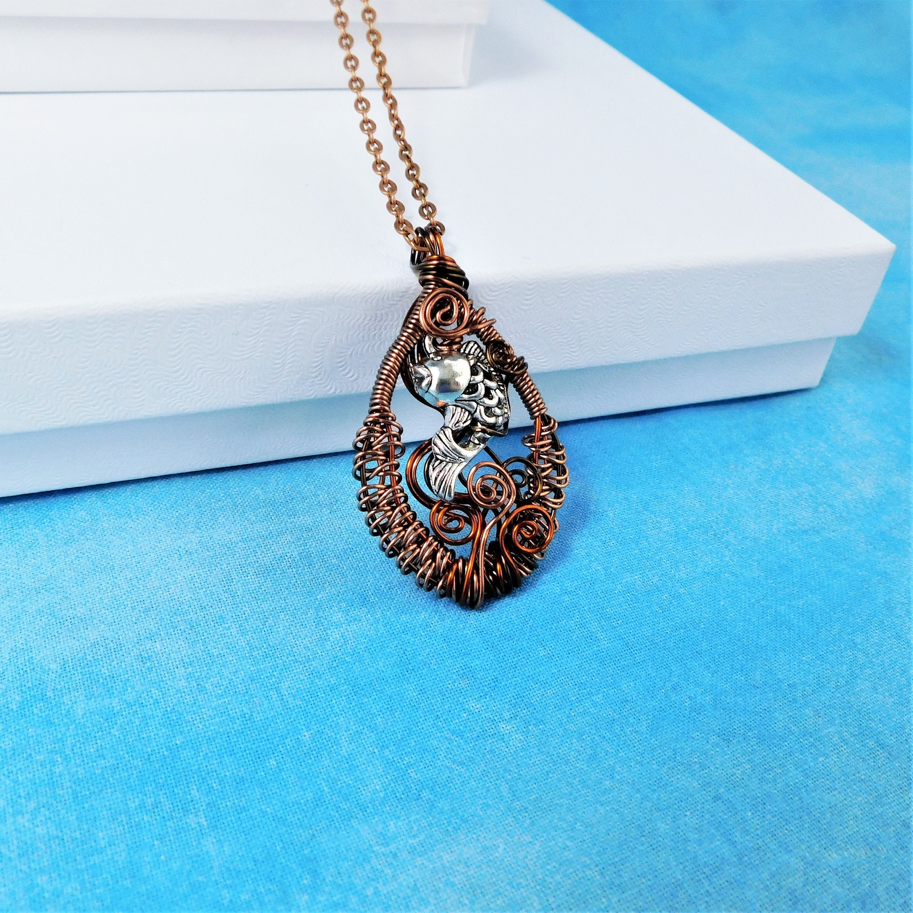 Artisan Crafted Fish Necklace, Unique Woven Copper Wire Wrapped