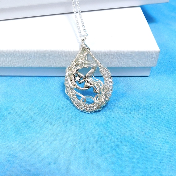 Fantasy Jewelry Fairy Necklace, Artisan Crafted Woven Wire Wrapped Fairy Moon Pendant Lunar Jewelry, Wearable Art Gift for Daughter, Mom