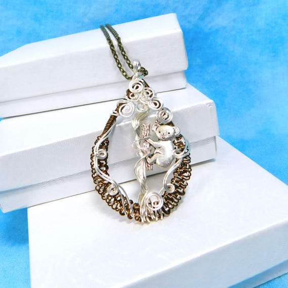 Koala Bear Pendant Animal Jewelry, Artisan Crafted Unique Wire Wrapped Zoo Animal Theme Wildlife Necklace, Animal Lover Gift for Women