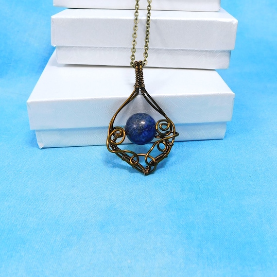 Copper Wire Wrapped Lapis Lazuli Pendant, Artistic Blue Gemstone Necklace Unique 9th Anniversary Gift, Wearable Art Jewelry Present for Wife