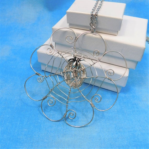 Artisan Crafted Spider Necklace Gothic Halloween Jewelry, Artistic Wire Wrapped Spider in Web Pendant, Handmade Wearable Art Wife Present