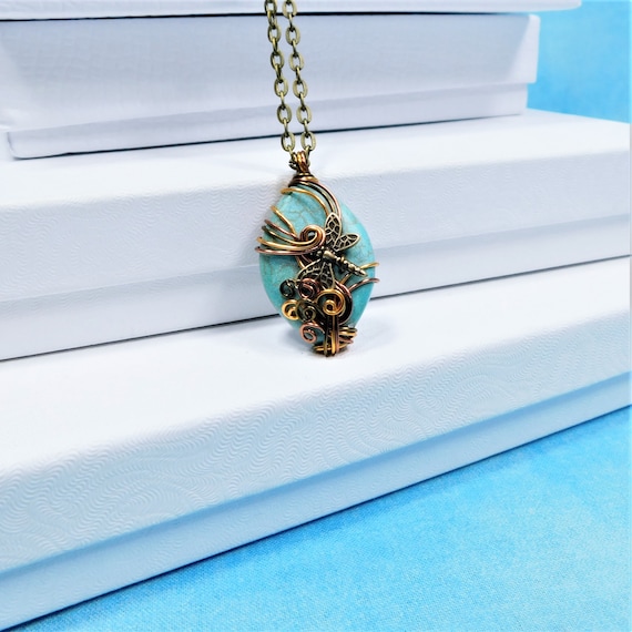 Copper Dragonfly Necklace, Wire Wrapped Blue Magnesite Pendant, Gemstone Wearable Art Memorial Jewelry Bereavement Present Sympathy Gift
