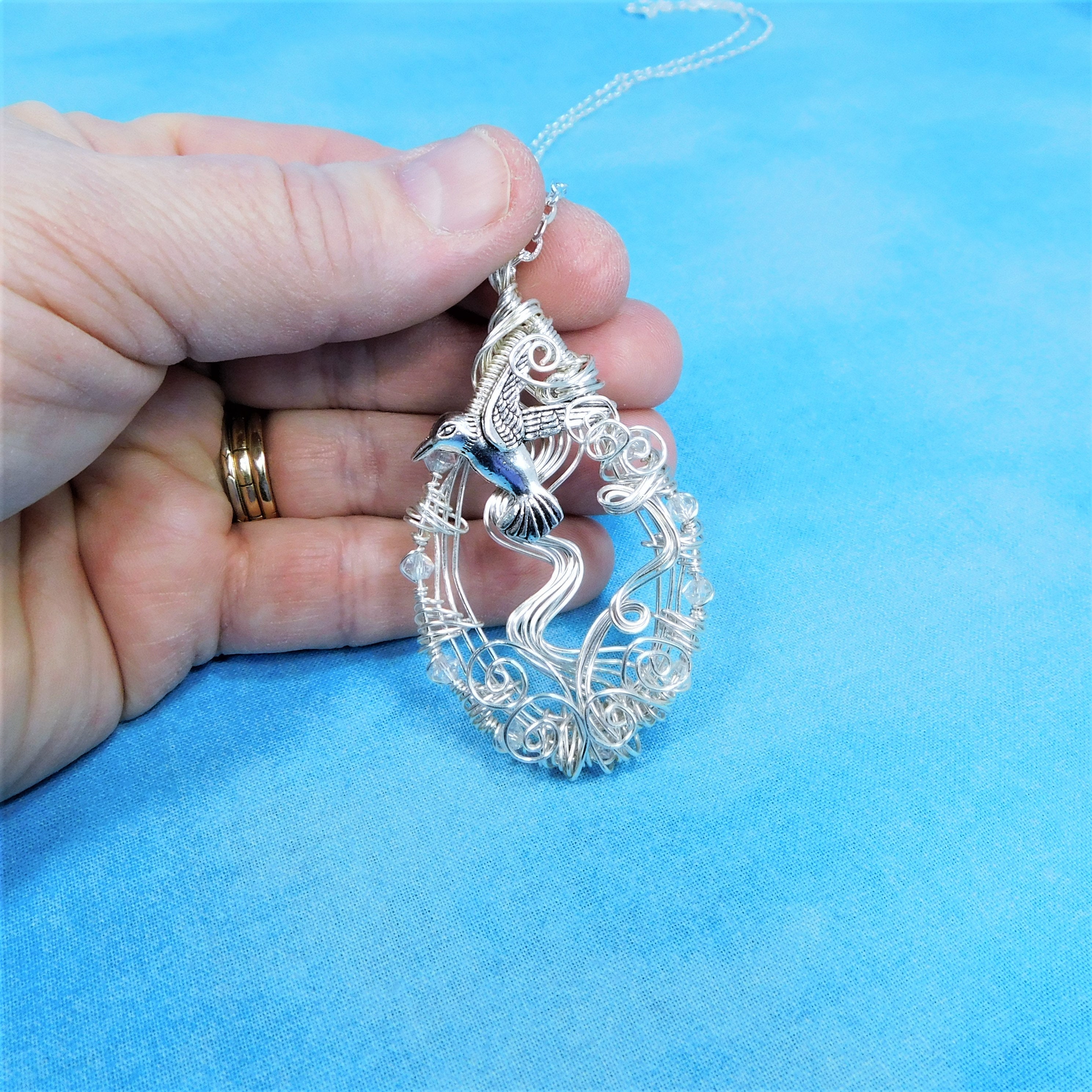 Artistic Hummingbird Necklace, Unique Woven Wire Wrapped Bird Memorial