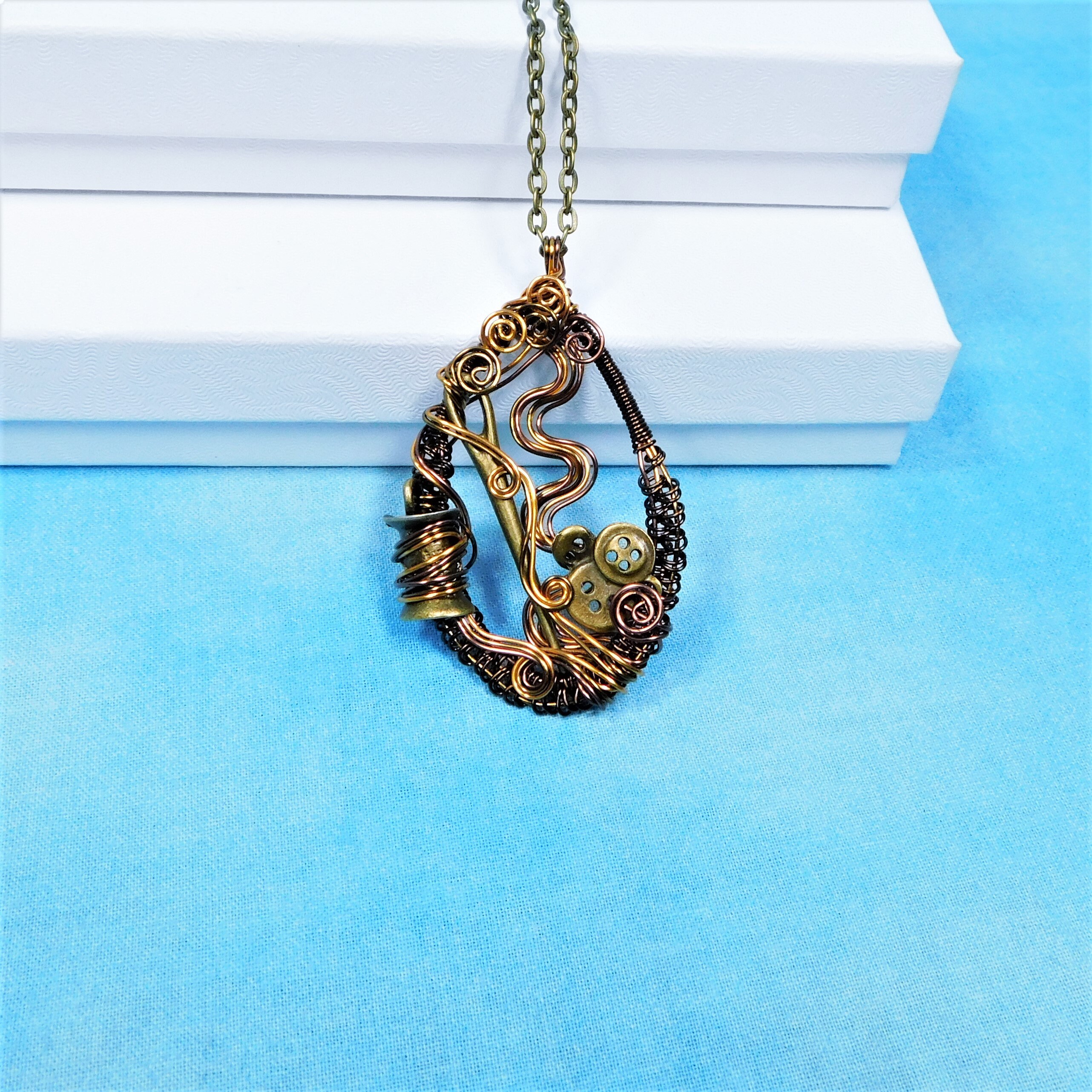 Artistic Sewing Theme Pendant, Unique Wire Wrapped Jewelry, Wearable