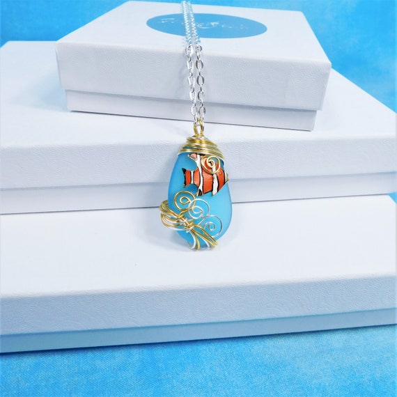 Blue Sea Glass Clown fish Necklace Ocean Theme Pendant, Nautical Marine Wildlife Jewelry Present for Mom, Gift for Wife or Best Friend Gift