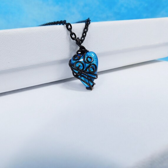 Black Wire Wrapped Blue Heart Necklace, Unique Wearable Art Jewelry, Artistic Pendant for Ladies Birthday or Anniversary Present for Wife