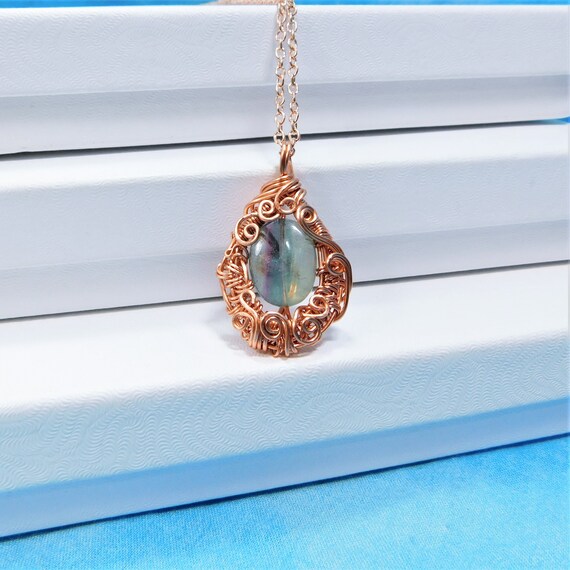 Wire Wrapped Fluorite Pendant, Artisan Crafted Woven Copper Necklace 7th Anniversary Gift for Wife, One of a Kind Gemstone Jewelry for Gift