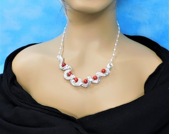 Sculpted and Woven Wire Bib Style Statement Necklace with Red Bamboo Coral, Artistic Jewelry for Mother or Present for Wife or Girlfriend