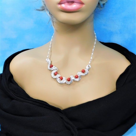 Sculpted and Woven Wire Bib Style Statement Necklace with Red Bamboo Coral, Artistic Jewelry for Mother or Present for Wife or Girlfriend