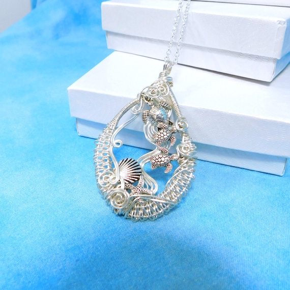 Mother with Babies Sea Turtle Necklace, Artistic Marine Animal Nautical Pendant, Wire Wrapped Beach Theme Wearable Art Jewelry Gift for Mom
